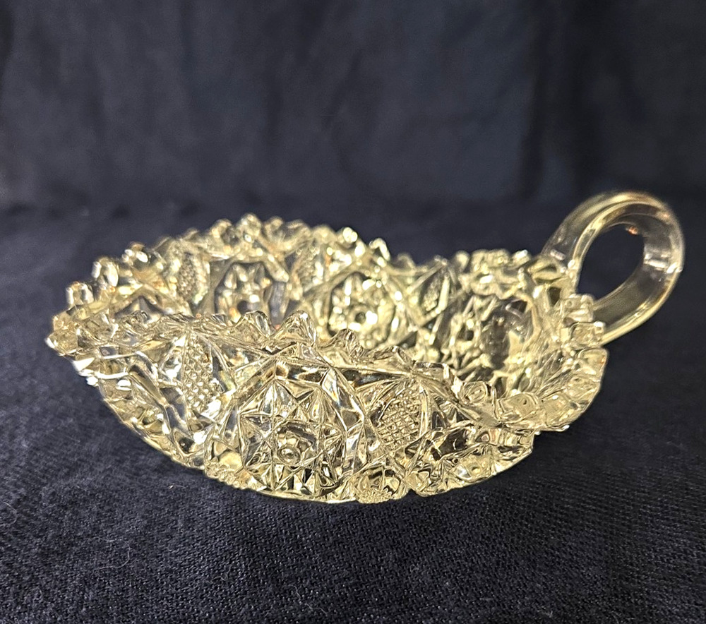 American Brilliant Period Cut Glass ABP Handled Nappy Candy Dish Hobstars Fans